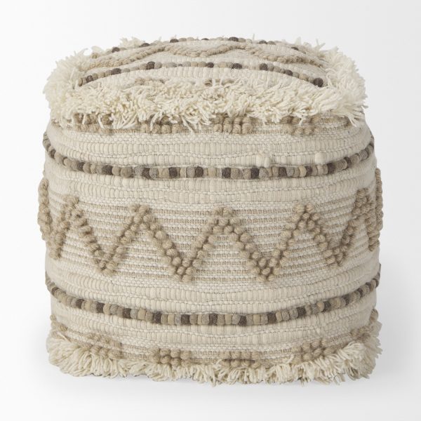 Caela BeigeBrown Wool Cotton and Felt Popcorn Stitch Square Pouf 2