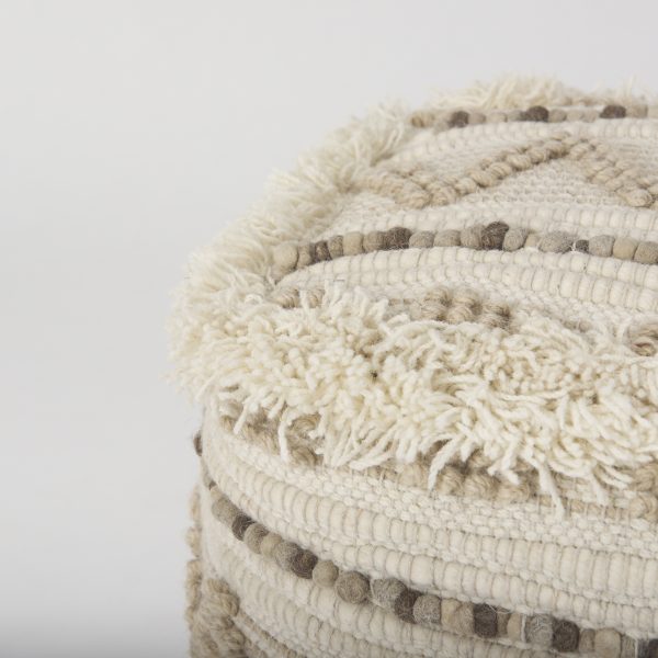 Caela BeigeBrown Wool Cotton and Felt Popcorn Stitch Square Pouf 4