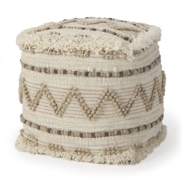 Caela BeigeBrown Wool Cotton and Felt Popcorn Stitch Square Pouf