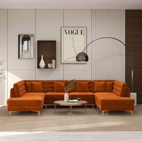 Orange Velvet Mid-Century Modern Corner Sectional Sofa