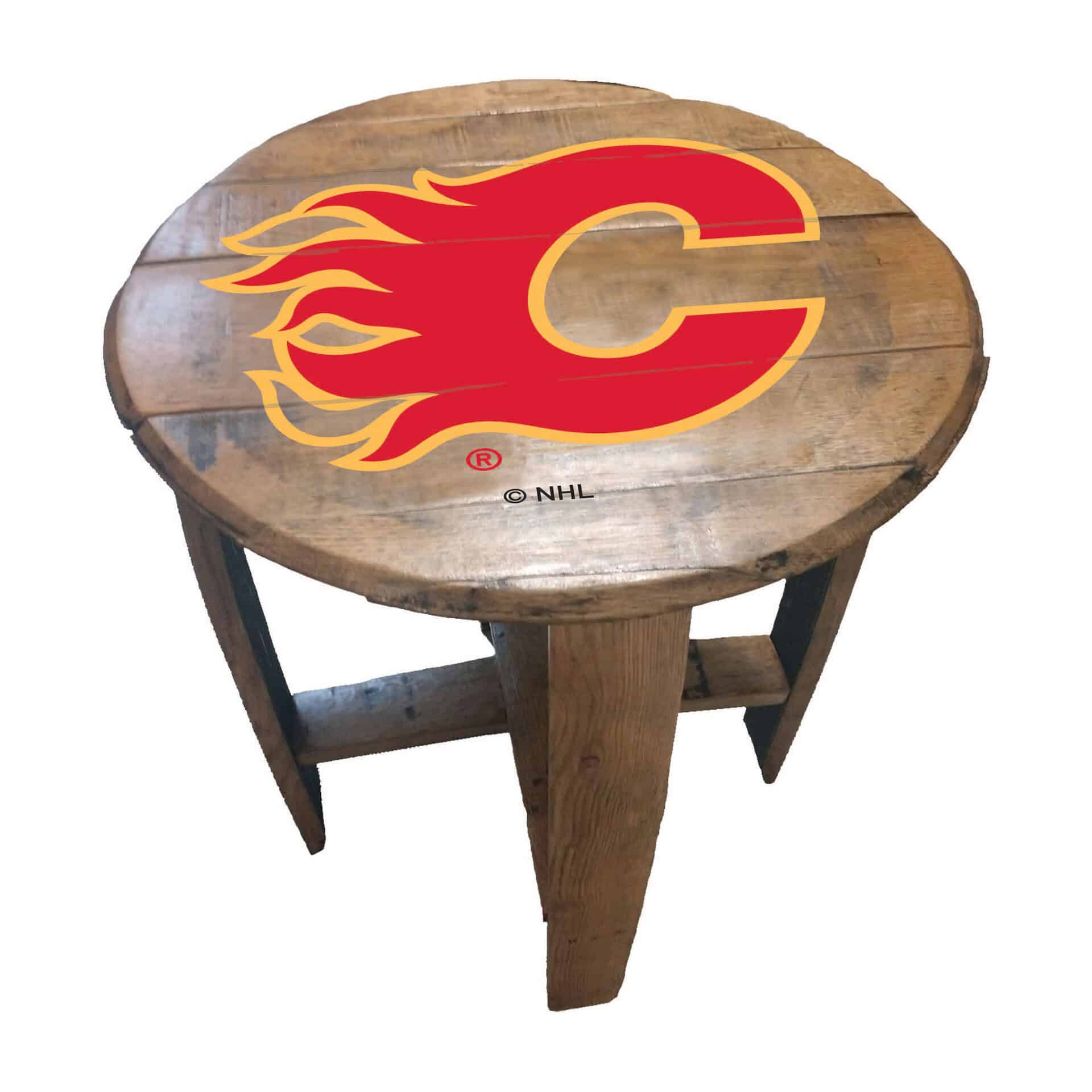 Calgary Flames Oak Barrel Table 2 Calgary Flames Oak Barrel Table - Image 2