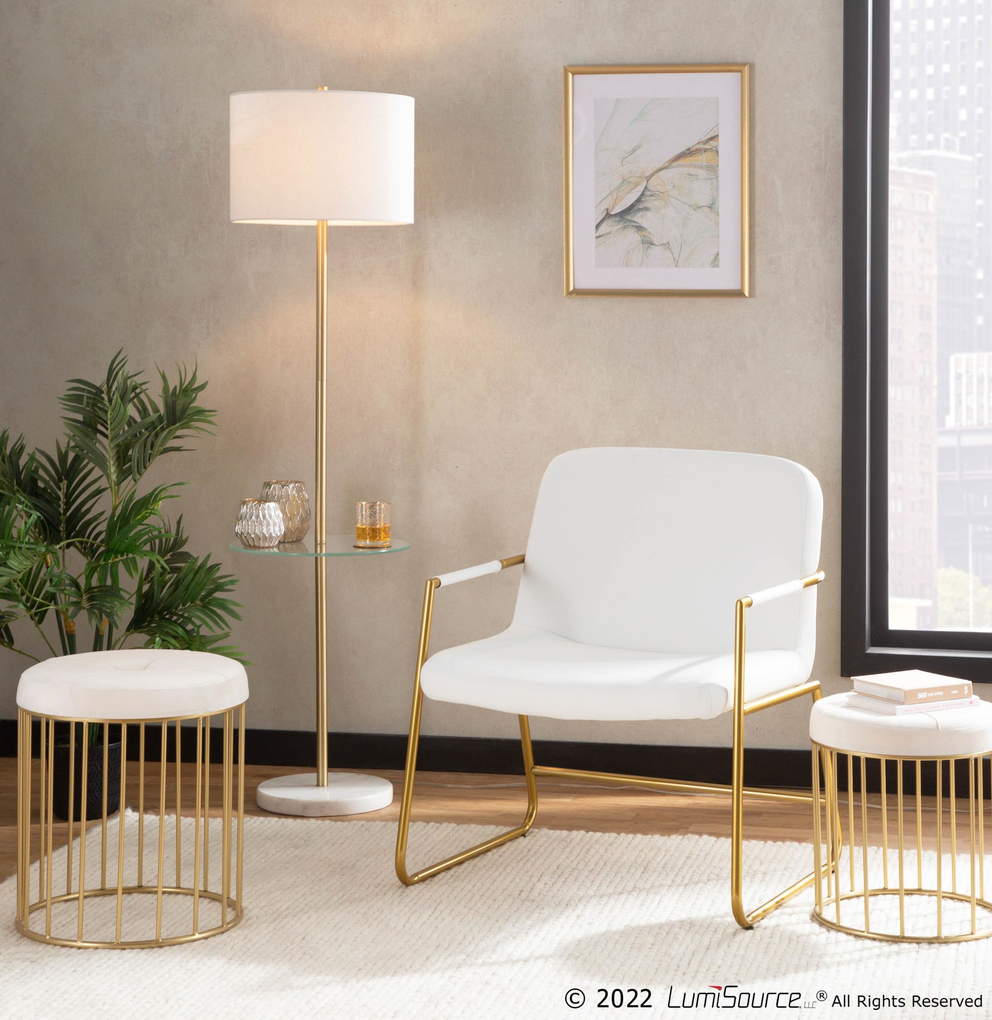 Canary Gold Metal Cream Velvet Contemporary Nesting Ottomans 1 Canary Gold Metal Cream Velvet Contemporary Nesting Ottomans
