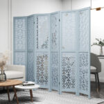 Carved Wooden 4-Panel Room Divider with Folding Design