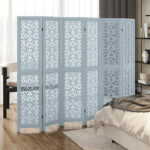 Carved Wooden 4-Panel Room Divider with Folding Design
