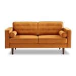 Orange Velvet Loveseat with Walnut Legs and Mid-Century Design