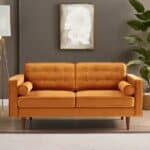 Orange Velvet Loveseat with Walnut Legs and Mid-Century Design