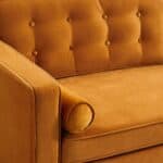Orange Velvet Loveseat with Walnut Legs and Mid-Century Design