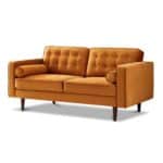 Orange Velvet Loveseat with Walnut Legs and Mid-Century Design