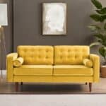 Yellow Velvet Loveseat with Mid-Century Modern Silhouette