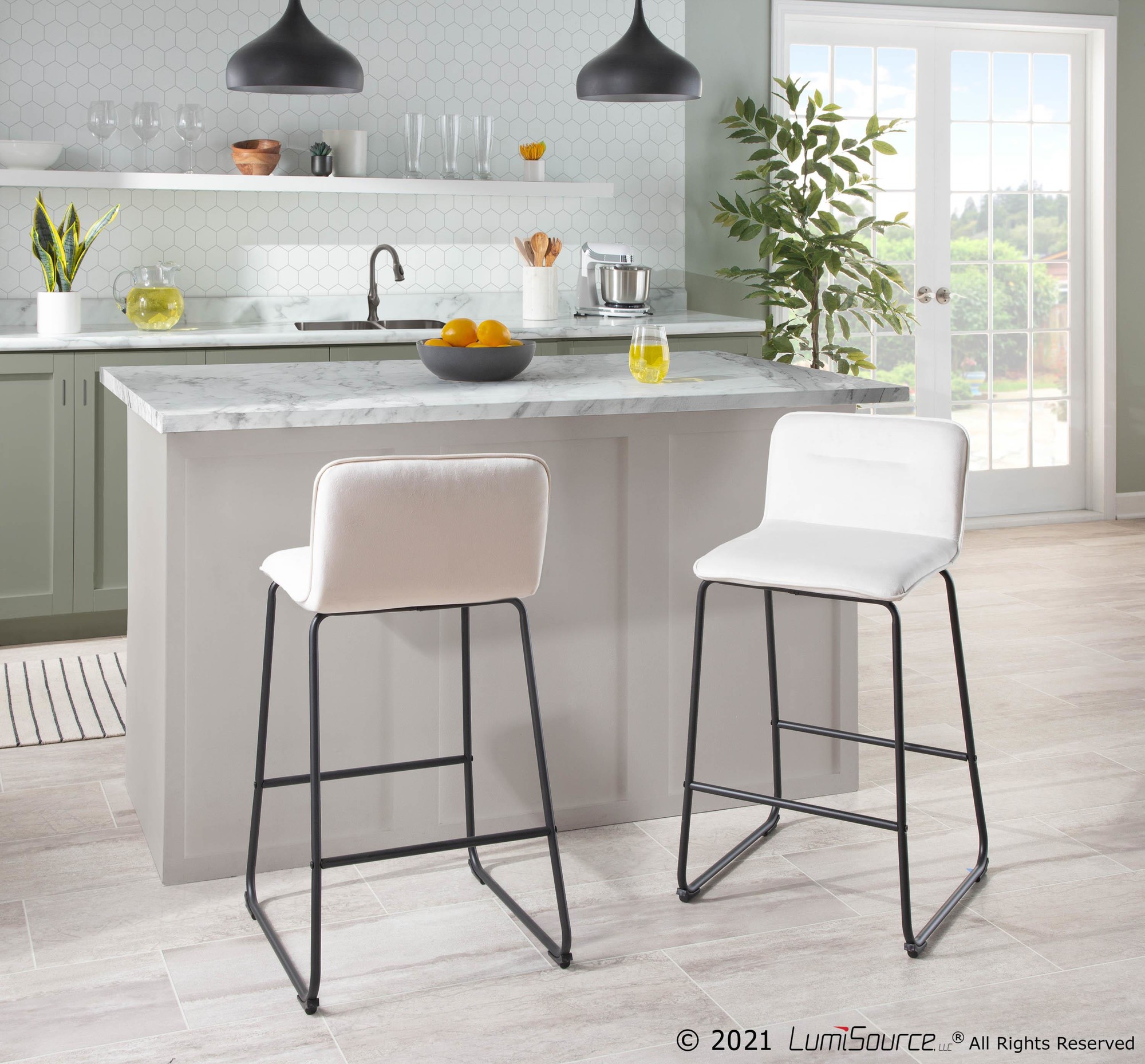 Casper Black Metal Cream Velvet Contemporary Counter Stool (Set of 2) 2 Casper Black Metal Cream Velvet Contemporary Counter Stool (Set of 2) - Image 2