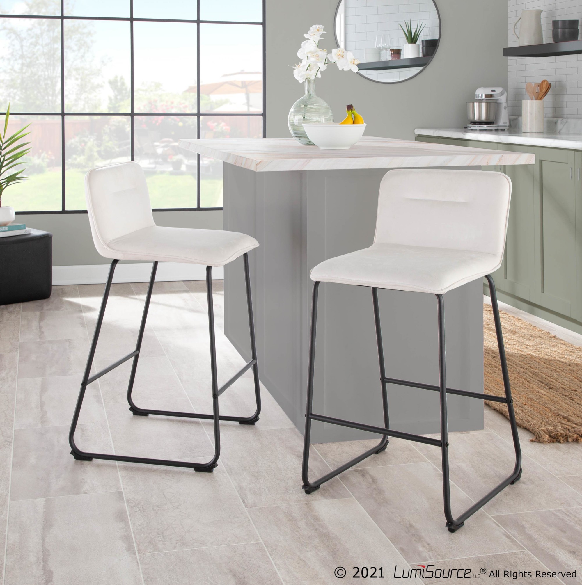 Casper Black Metal Cream Velvet Contemporary Counter Stool (Set of 2) 3 Casper Black Metal Cream Velvet Contemporary Counter Stool (Set of 2) - Image 3