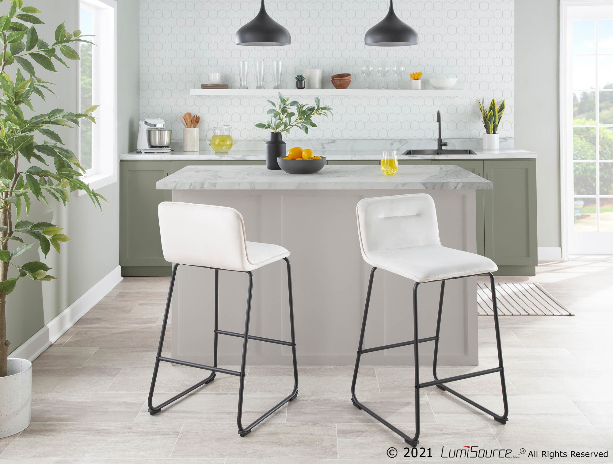 Casper Black Metal Cream Velvet Contemporary Counter Stool (Set of 2) 1 Casper Black Metal Cream Velvet Contemporary Counter Stool (Set of 2)