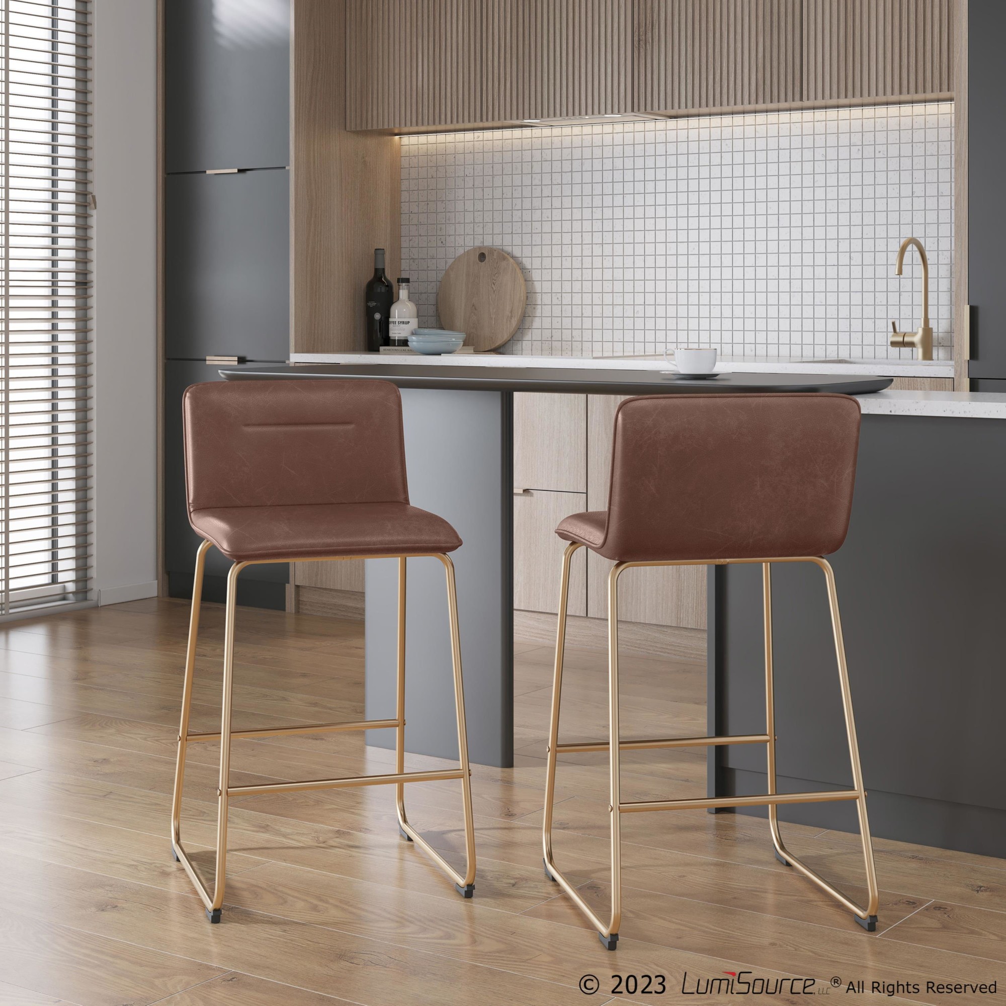 Casper Gold and Espresso Faux Leather Counter Stools (Set of 2) 2 Casper Gold and Espresso Faux Leather Counter Stools (Set of 2) - Image 2