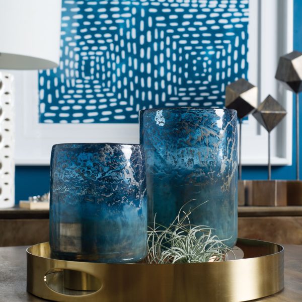 Caspian II Short Blue Glass Antiqued Brass Bottom Vase 2