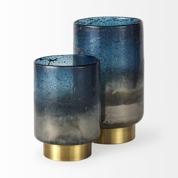 Caspian II Short Blue Glass Antiqued Brass Bottom Vase 4