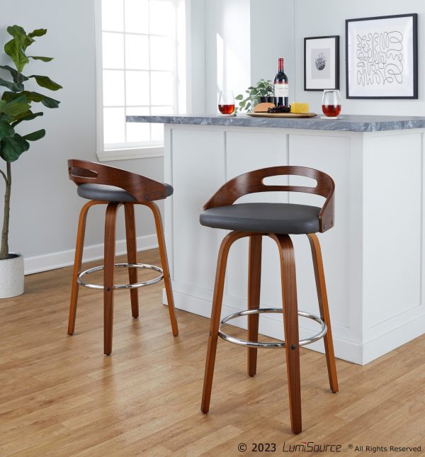 Cassis 30 Mid Century Modern Barstool Walnut and Grey Set of 2 1