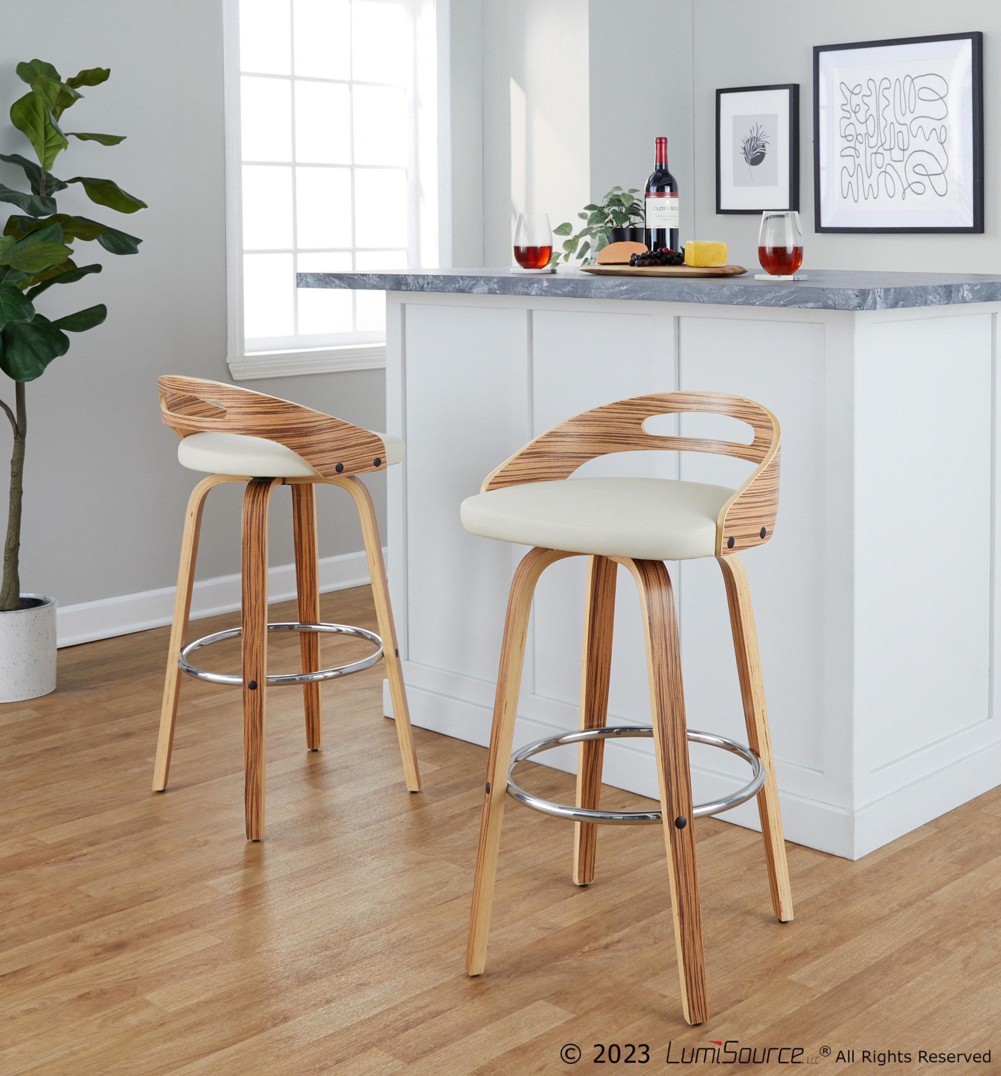 Cassis 30 Zebra Wood Cream Faux Leather Barstool (Set of 2) 2 Cassis 30 Zebra Wood Cream Faux Leather Barstool (Set of 2) - Image 2