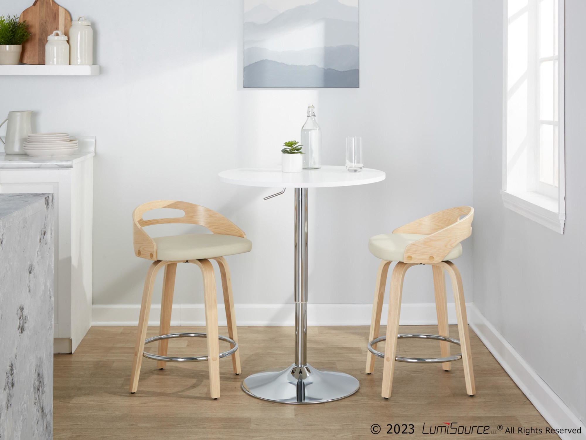 Cassis Cream Faux Leather Mid-Century Modern 24-Inch Counter Stools (Set of 2) 2 Cassis Cream Faux Leather Mid-Century Modern 24-Inch Counter Stools (Set of 2) - Image 2