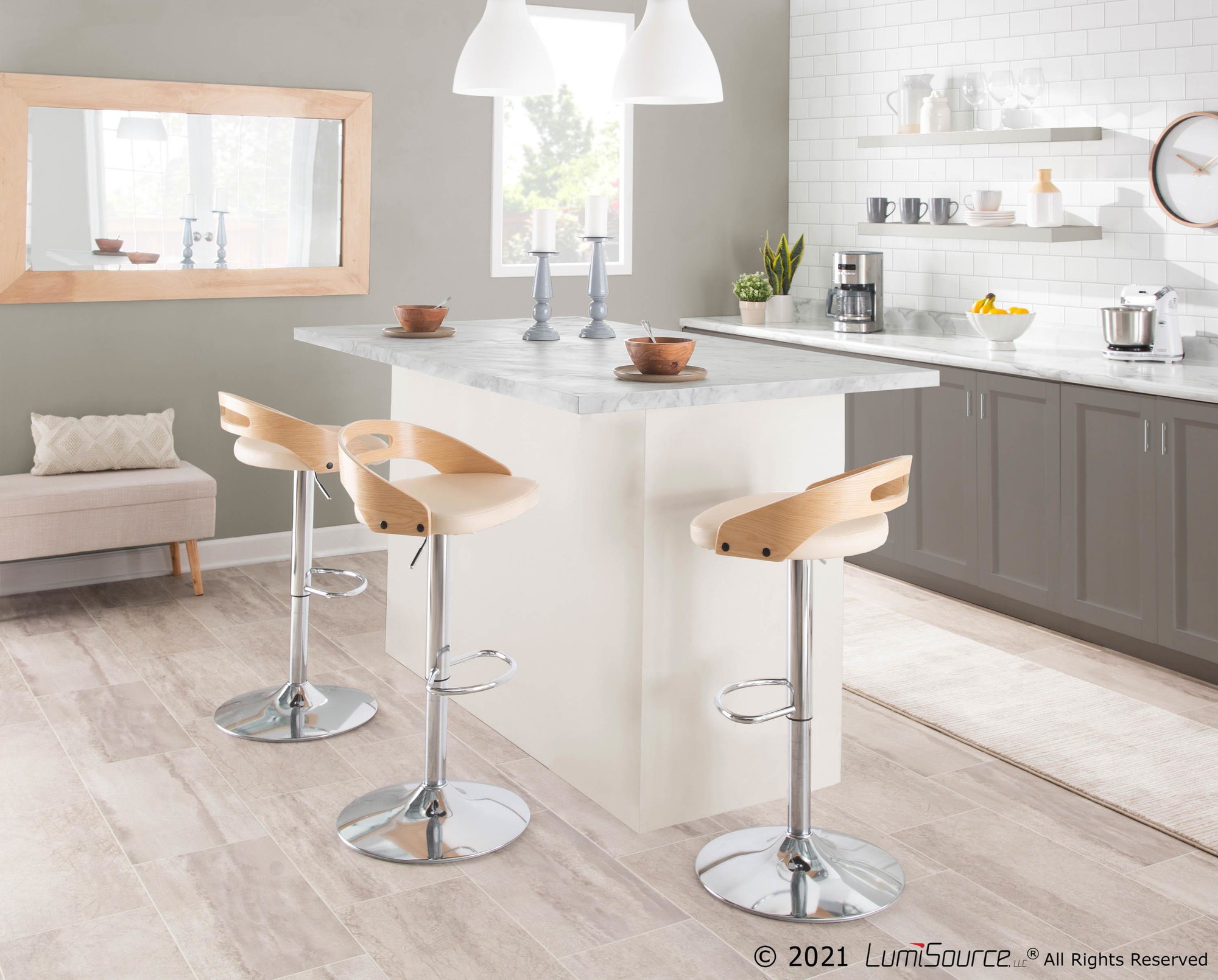 Cassis Cream Faux Leather Mid-Century Modern Barstool (Set of 3) 3 Cassis Cream Faux Leather Mid-Century Modern Barstool (Set of 3) - Image 3