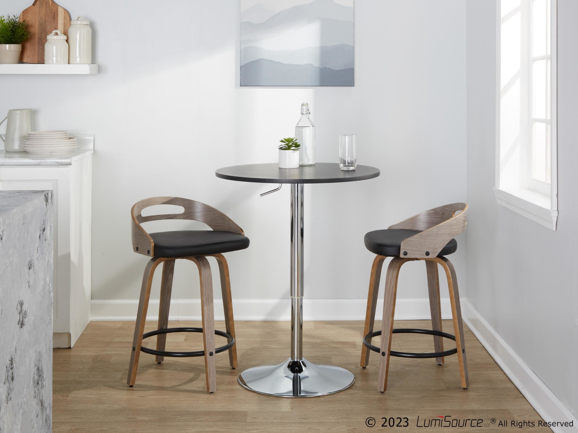 Cassis Light Grey Wood Black Faux Leather Swivel Counter Stools (Set of 2) 2 Cassis Light Grey Wood Black Faux Leather Swivel Counter Stools (Set of 2) - Image 2