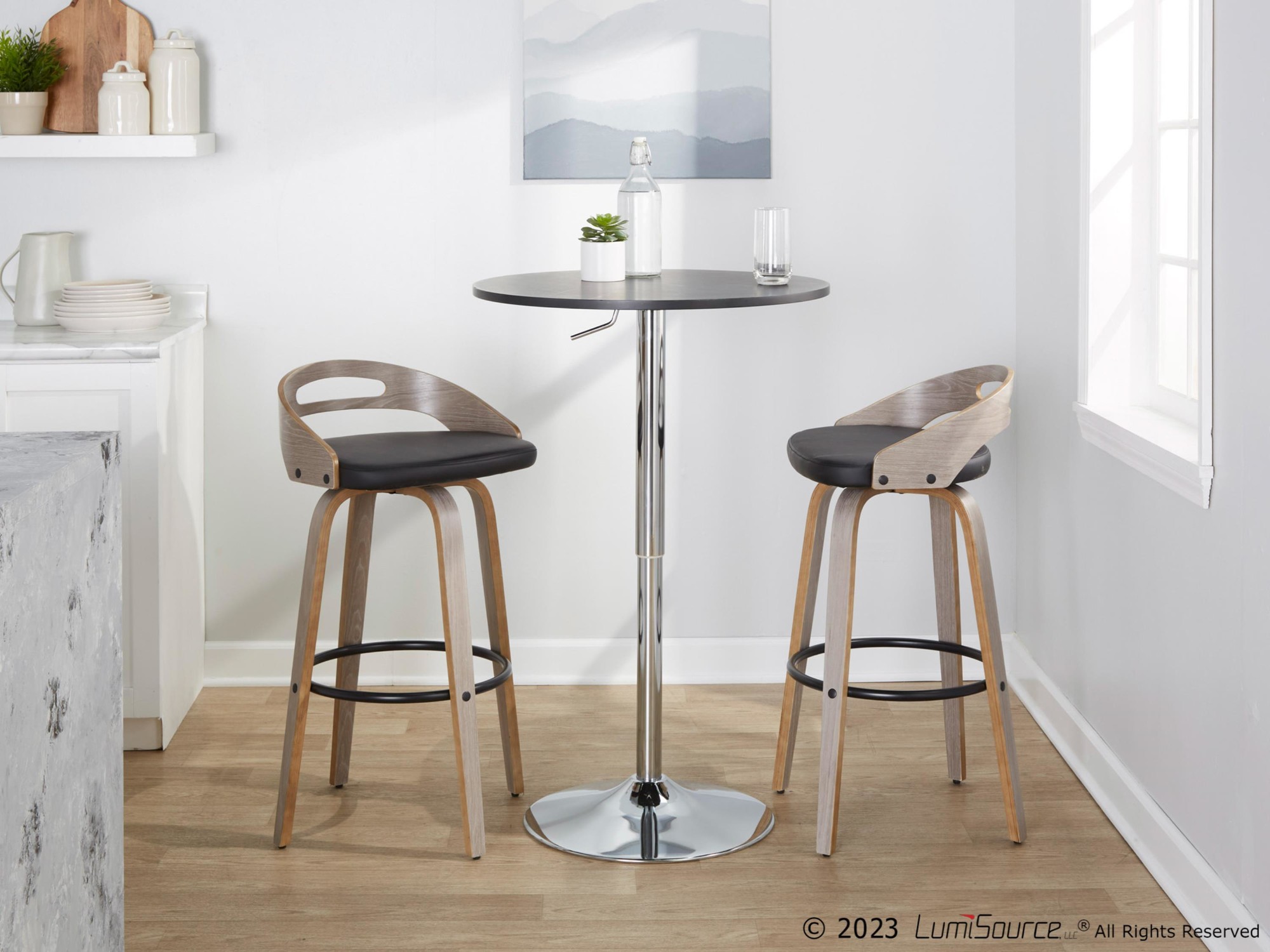 Cassis Light Grey Wood Black Faux Leather Swivel Counter Stools (Set of 2) 3 Cassis Light Grey Wood Black Faux Leather Swivel Counter Stools (Set of 2) - Image 3
