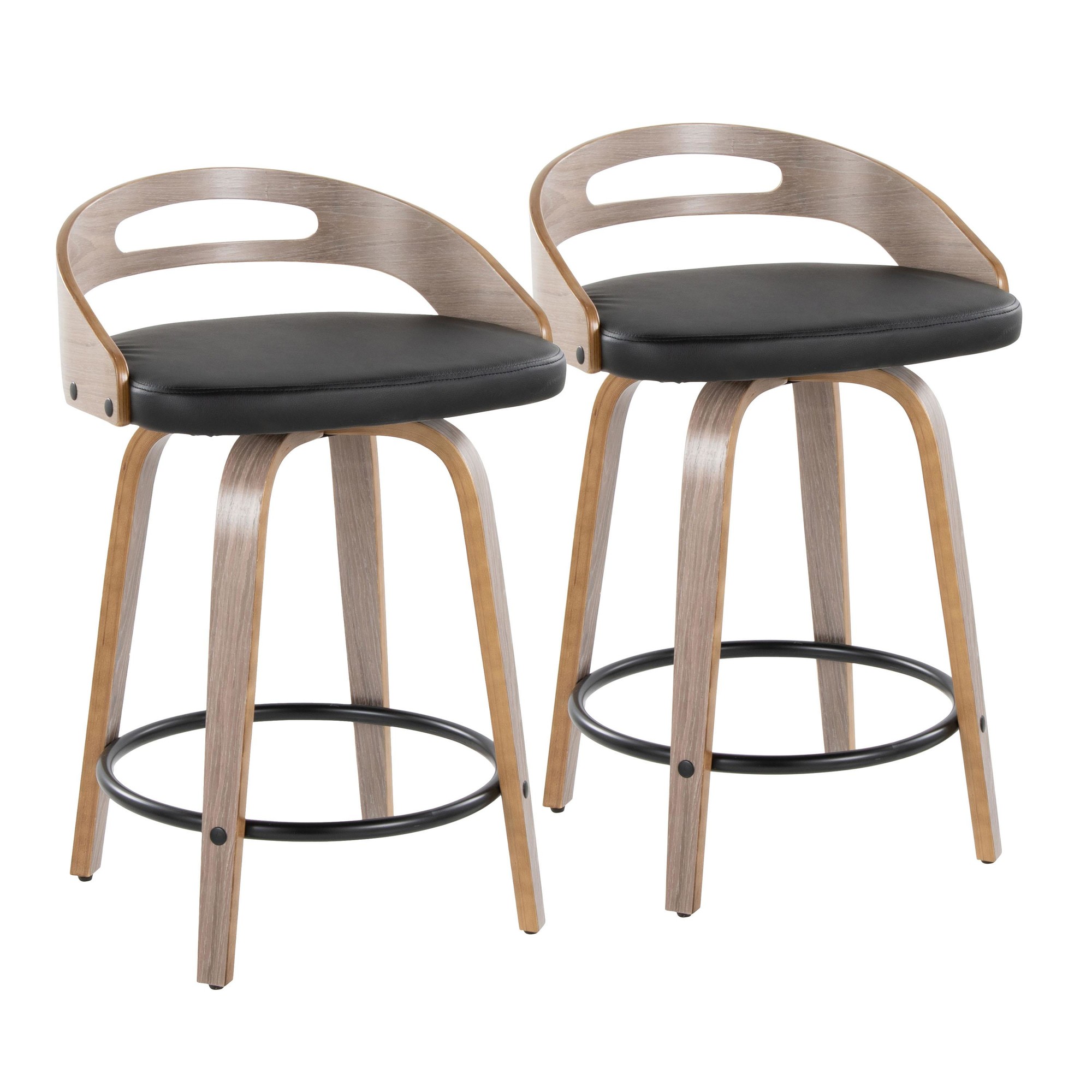 Cassis Light Grey Wood Black Faux Leather Swivel Counter Stools (Set of 2) 4 Cassis Light Grey Wood Black Faux Leather Swivel Counter Stools (Set of 2) - Image 4