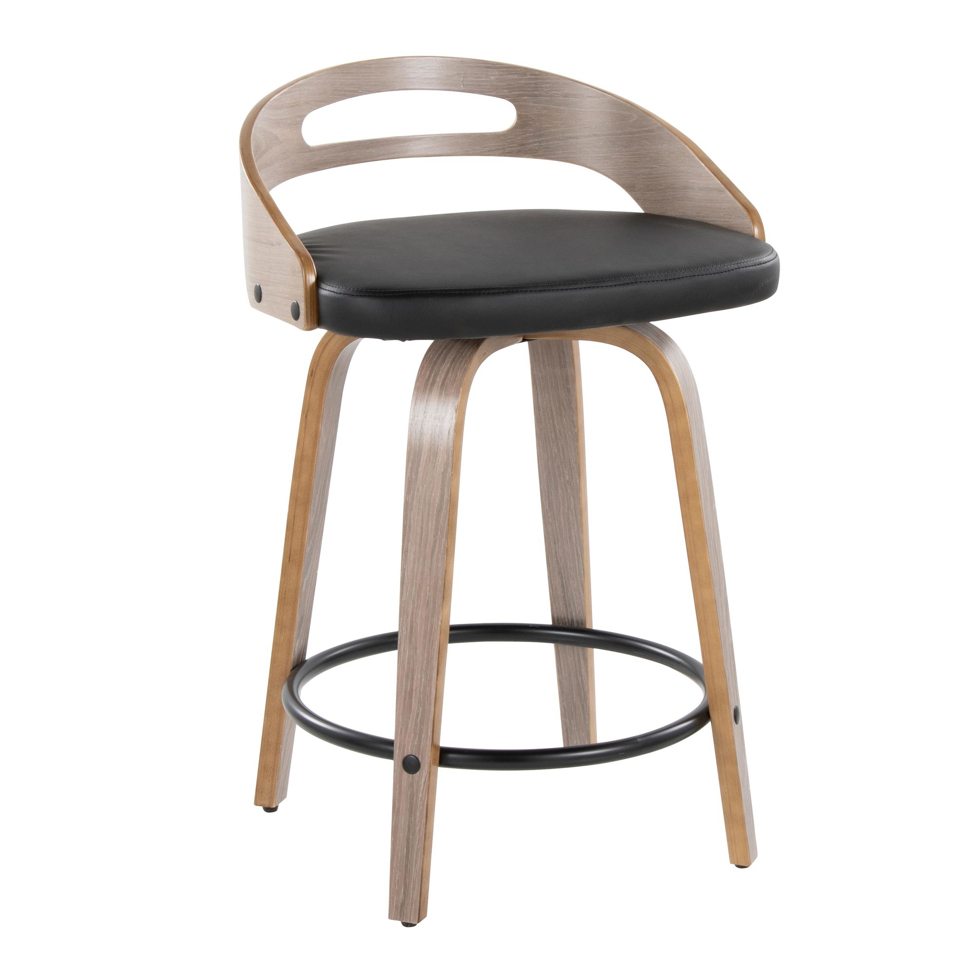 Cassis Light Grey Wood Black Faux Leather Swivel Counter Stools (Set of 2) 5 Cassis Light Grey Wood Black Faux Leather Swivel Counter Stools (Set of 2) - Image 5