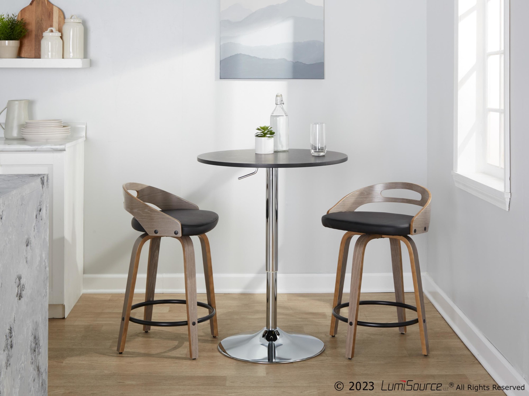Cassis Light Grey Wood Black Faux Leather Swivel Counter Stools (Set of 2) 1 Cassis Light Grey Wood Black Faux Leather Swivel Counter Stools (Set of 2)