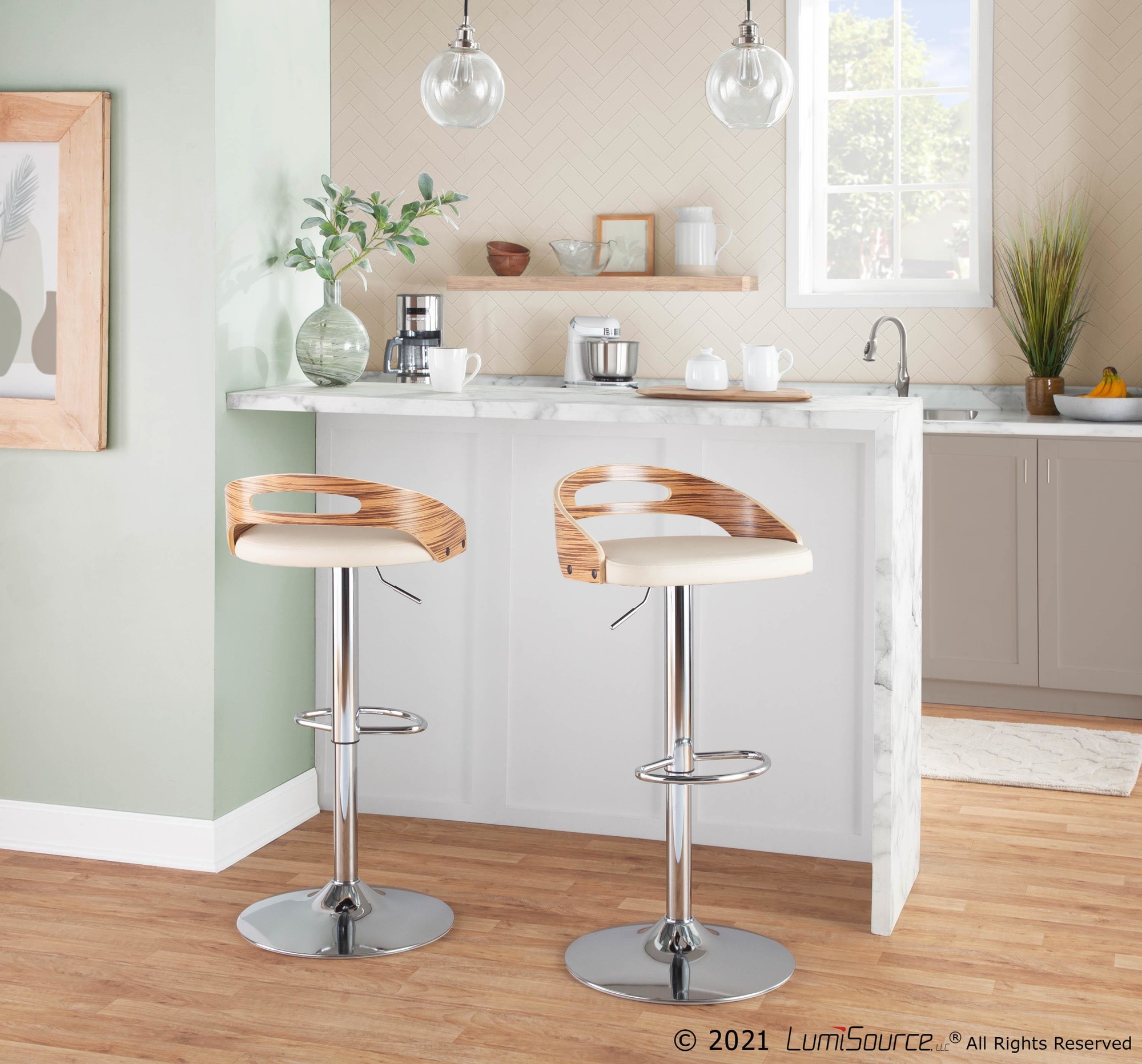 Cassis Mid-Century Modern Chrome and Zebra Wood Barstool (Set of 3) 2 Cassis Mid-Century Modern Chrome and Zebra Wood Barstool (Set of 3) - Image 2