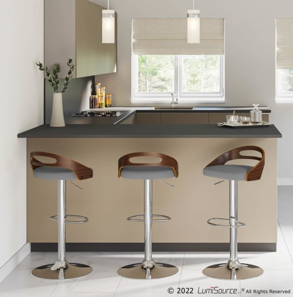 Cassis Mid Century Modern Grey Barstool Chrome Walnut Set of 3 4