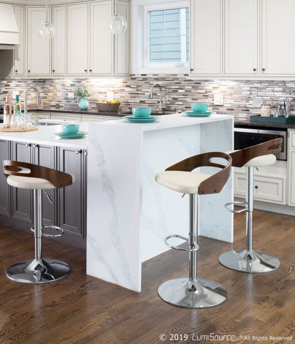 Cassis Walnut Cream Faux Leather Mid Century Modern Adjustable Barstool 1
