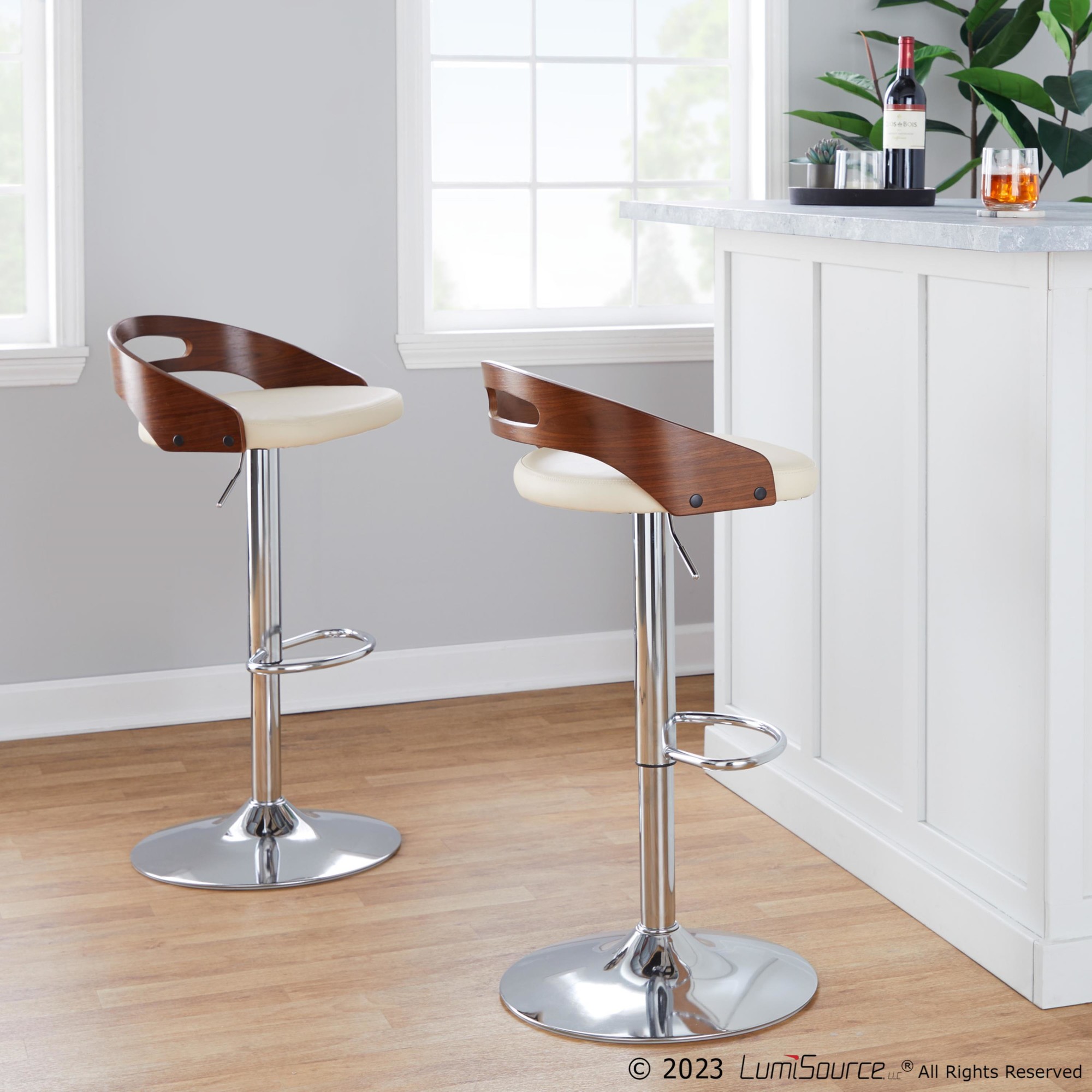 Cassis Walnut Cream Faux Leather Mid-Century Modern Adjustable Barstool 3 Cassis Walnut Cream Faux Leather Mid-Century Modern Adjustable Barstool - Image 3