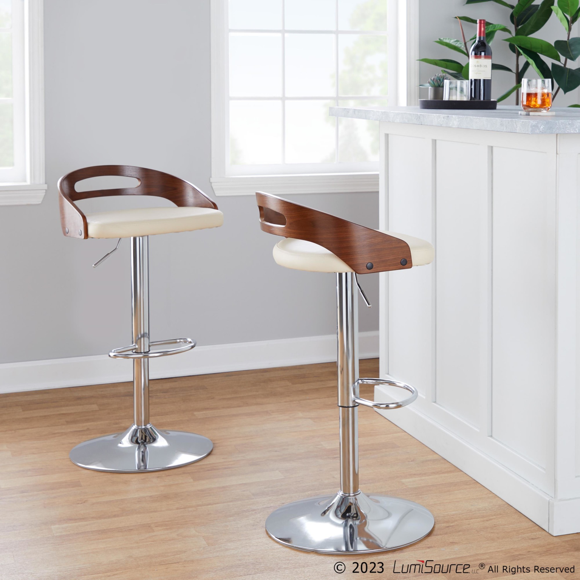 Cassis Walnut Cream Faux Leather Mid-Century Modern Adjustable Barstool 4 Cassis Walnut Cream Faux Leather Mid-Century Modern Adjustable Barstool - Image 4