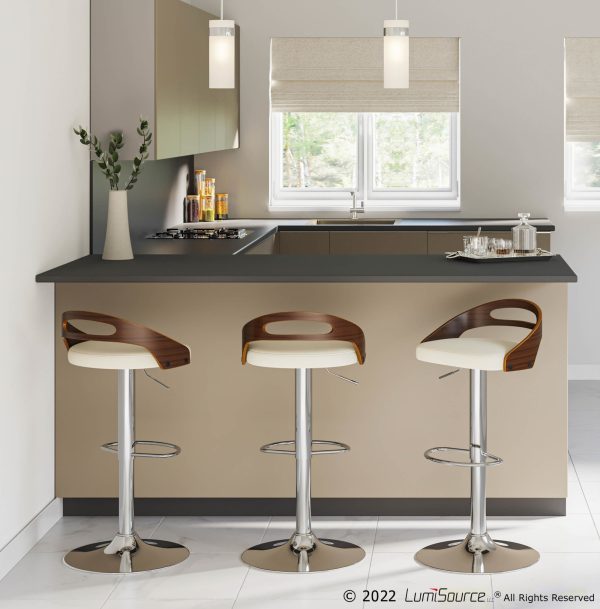 Cassis Walnut Cream Faux Leather Mid Century Modern Adjustable Barstool
