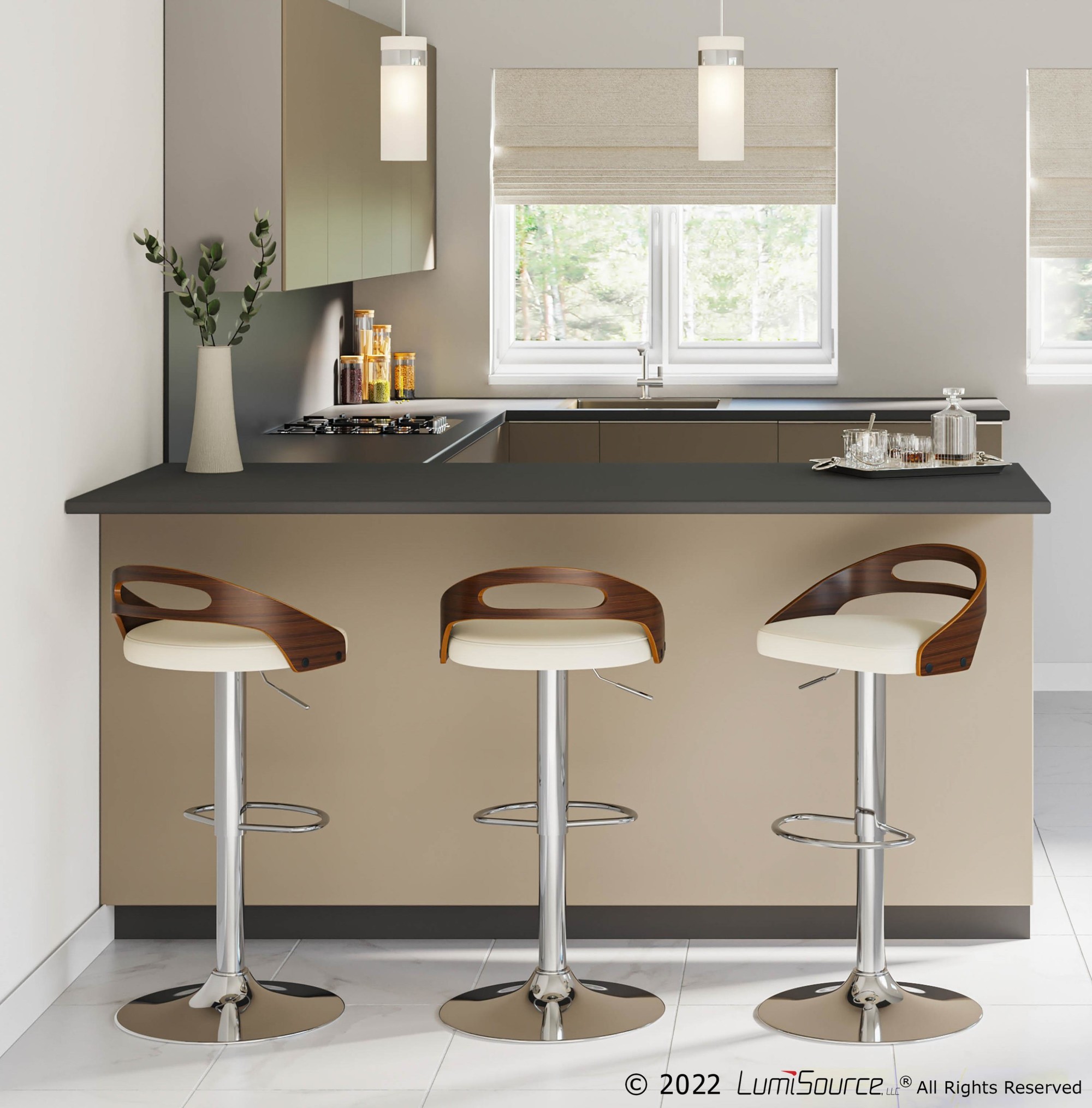 Cassis Walnut Cream Faux Leather Mid-Century Modern Adjustable Barstool 1 Cassis Walnut Cream Faux Leather Mid-Century Modern Adjustable Barstool