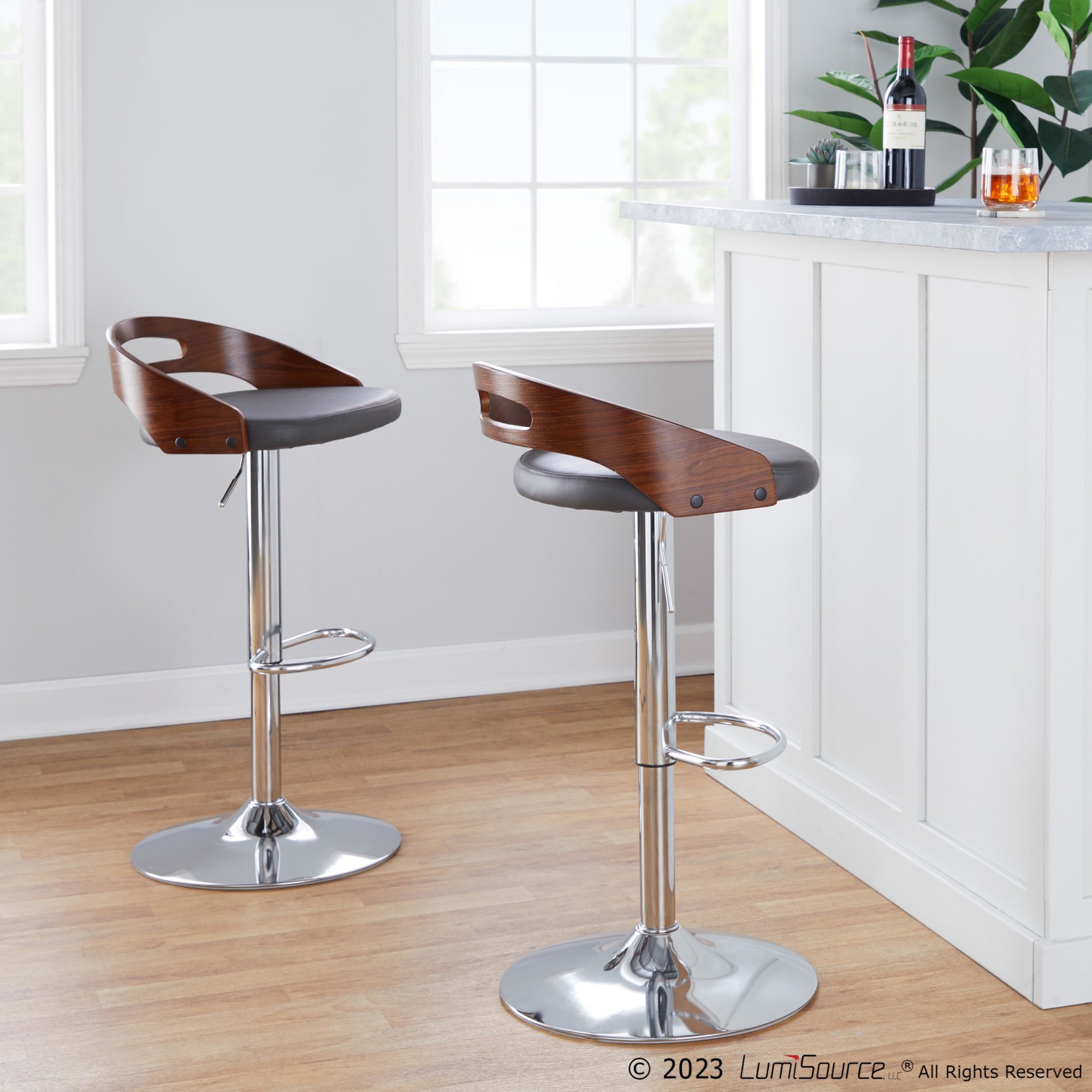Cassis Walnut Grey Faux Leather Mid-Century Barstool 2 Cassis Walnut Grey Faux Leather Mid-Century Barstool - Image 2
