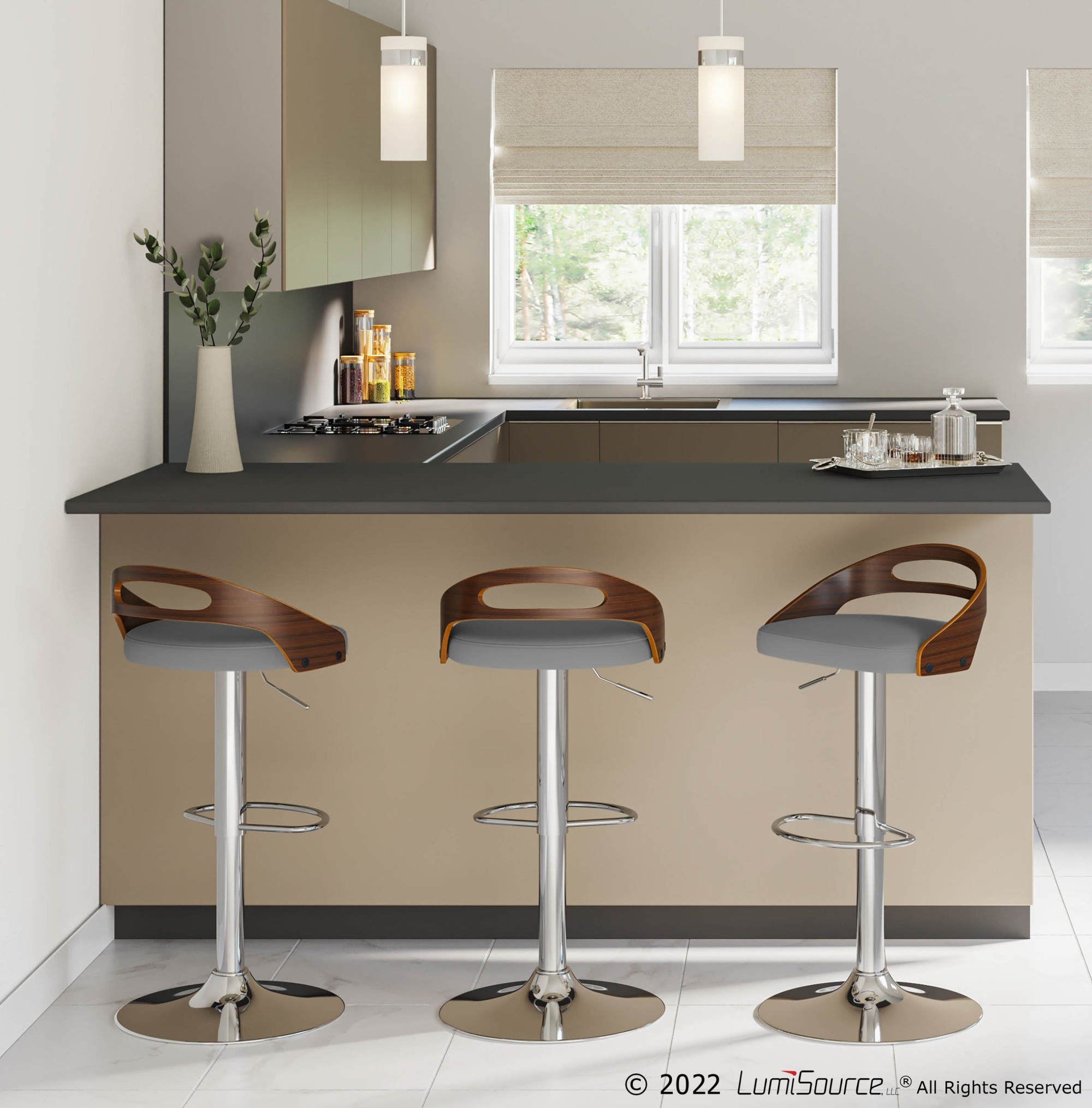 Cassis Walnut Grey Faux Leather Mid-Century Barstool 3 Cassis Walnut Grey Faux Leather Mid-Century Barstool - Image 3