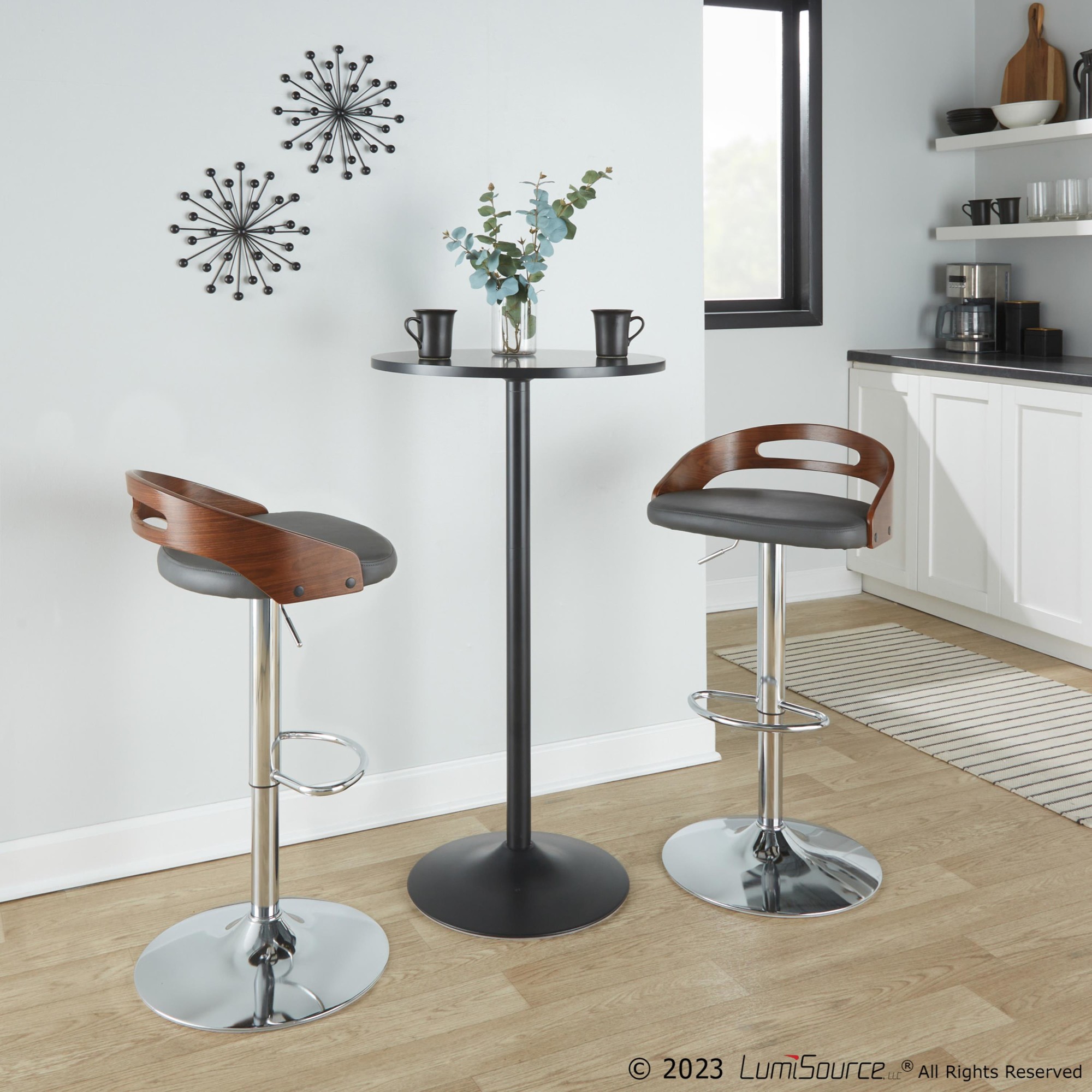 Cassis Walnut Grey Faux Leather Mid-Century Barstool 4 Cassis Walnut Grey Faux Leather Mid-Century Barstool - Image 4