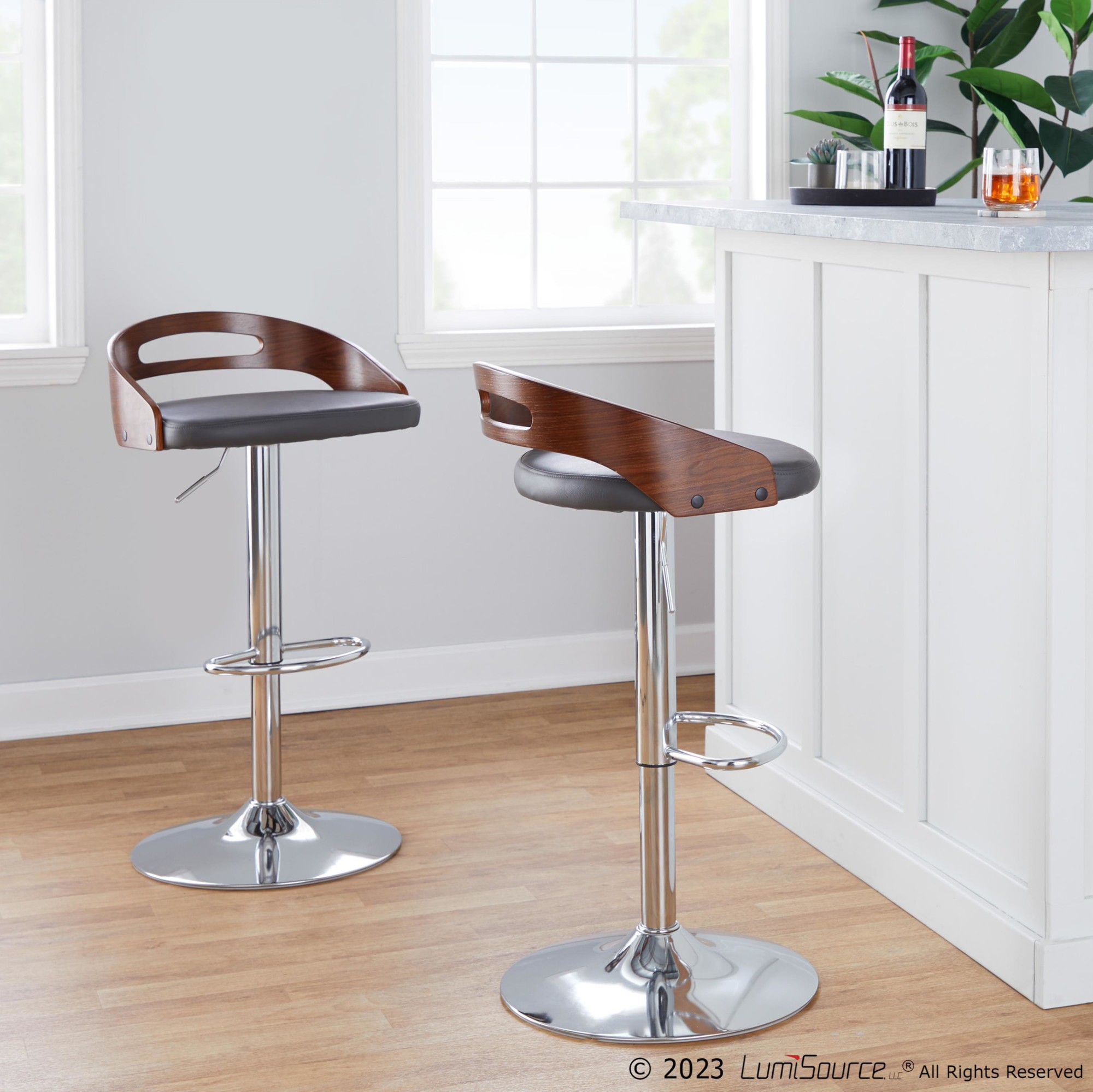 Cassis Walnut Grey Faux Leather Mid-Century Barstool 1 Cassis Walnut Grey Faux Leather Mid-Century Barstool