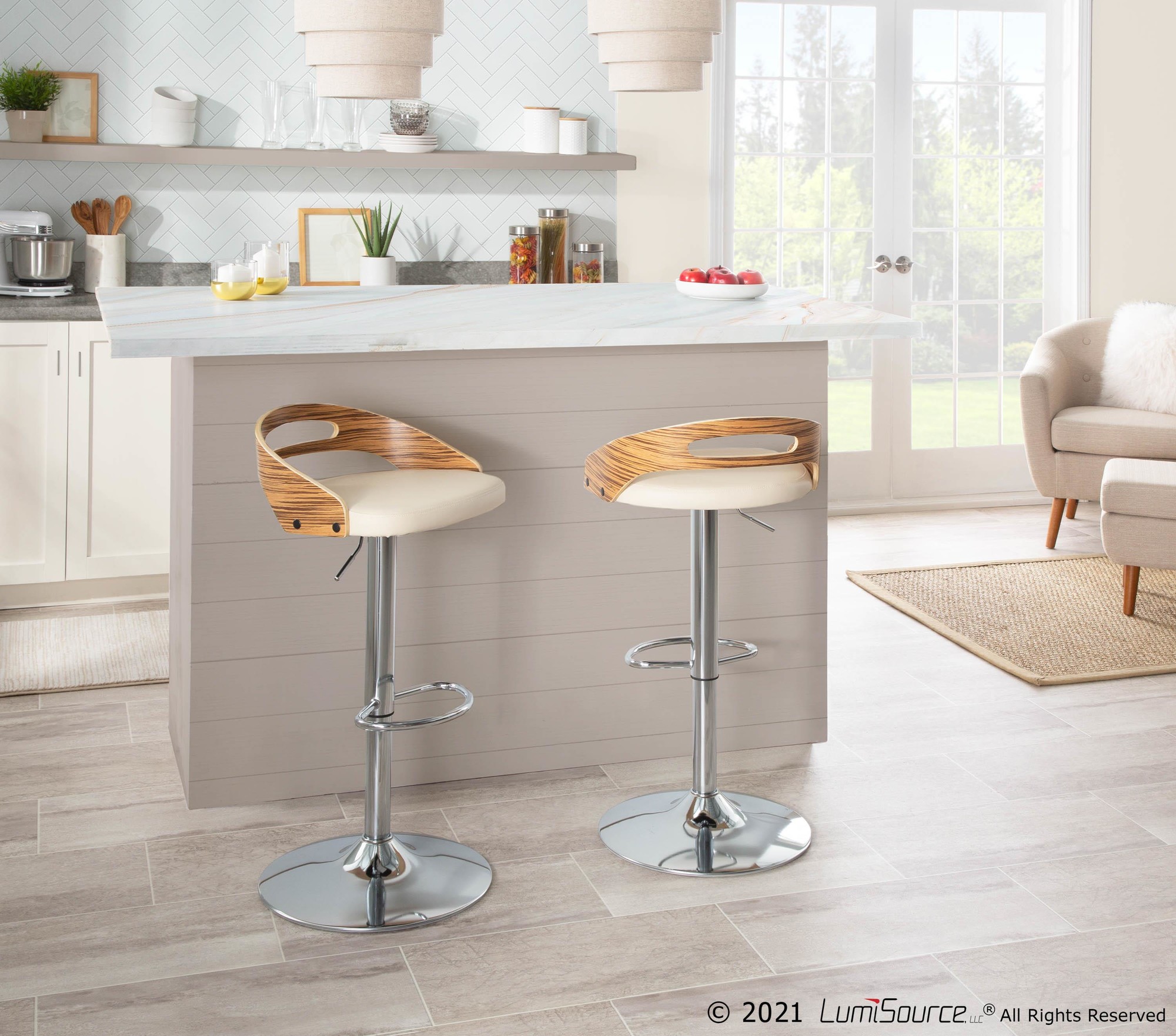 Cassis Zebra Wood Cream Faux Leather Mid-Century Barstool 1 Cassis Zebra Wood Cream Faux Leather Mid-Century Barstool