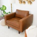 Mid-Century Modern Tan Leather Armchair with Walnut-Finished Legs 8 Mid-Century Modern Tan Leather Armchair with Walnut-Finished Legs