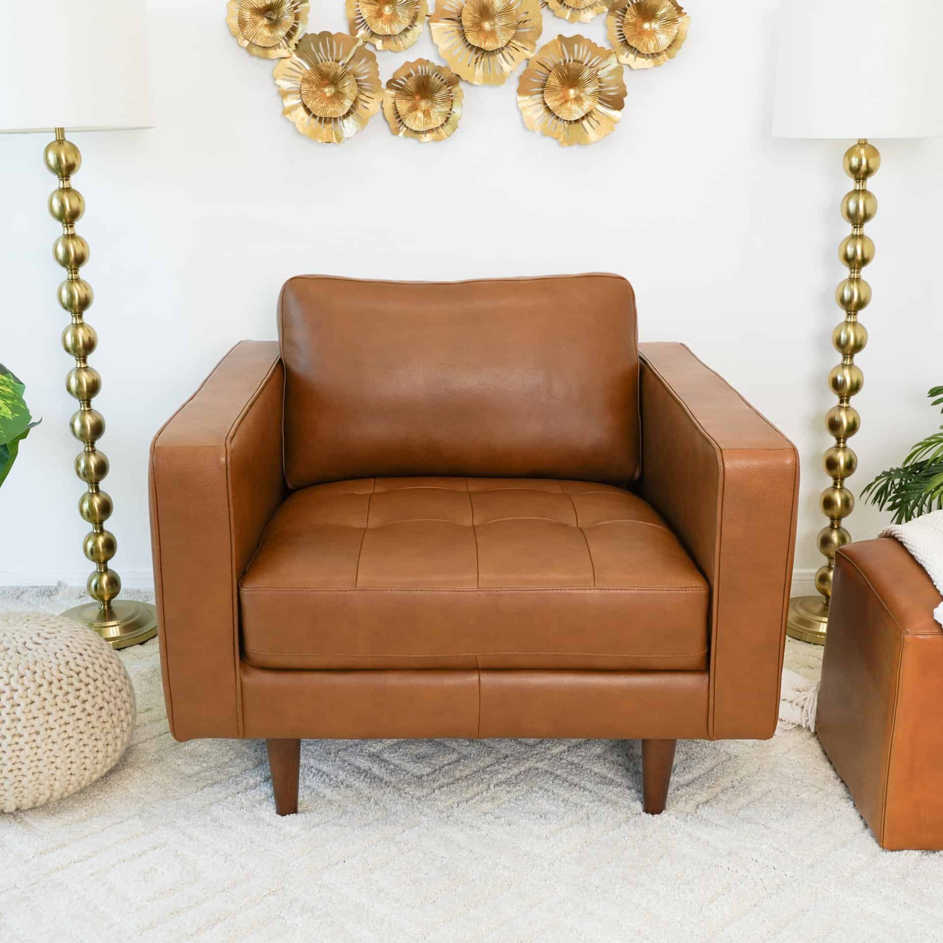 Mid-Century Modern Tan Leather Armchair with Walnut-Finished Legs 9 Mid-Century Modern Tan Leather Armchair with Walnut-Finished Legs
