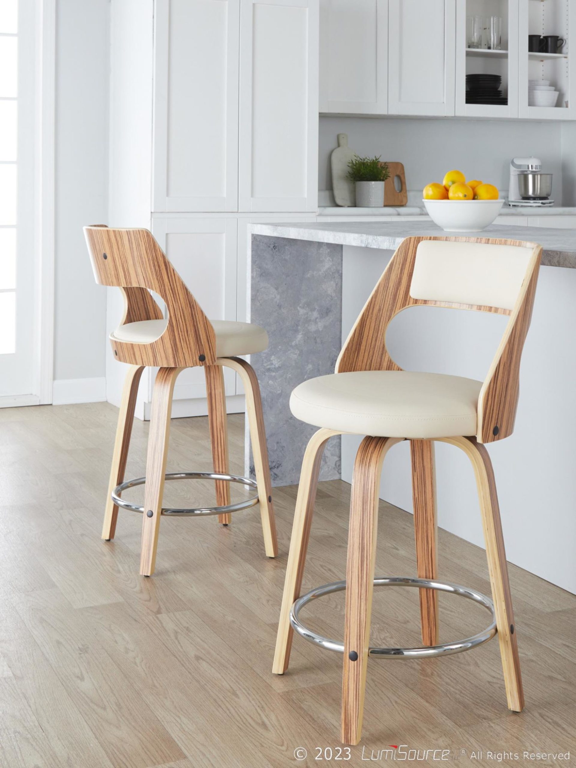 Cecina 24 Zebra Cream Mid-Century Modern Swivel Stools (Set of 2) 2 Cecina 24 Zebra Cream Mid-Century Modern Swivel Stools (Set of 2) - Image 2