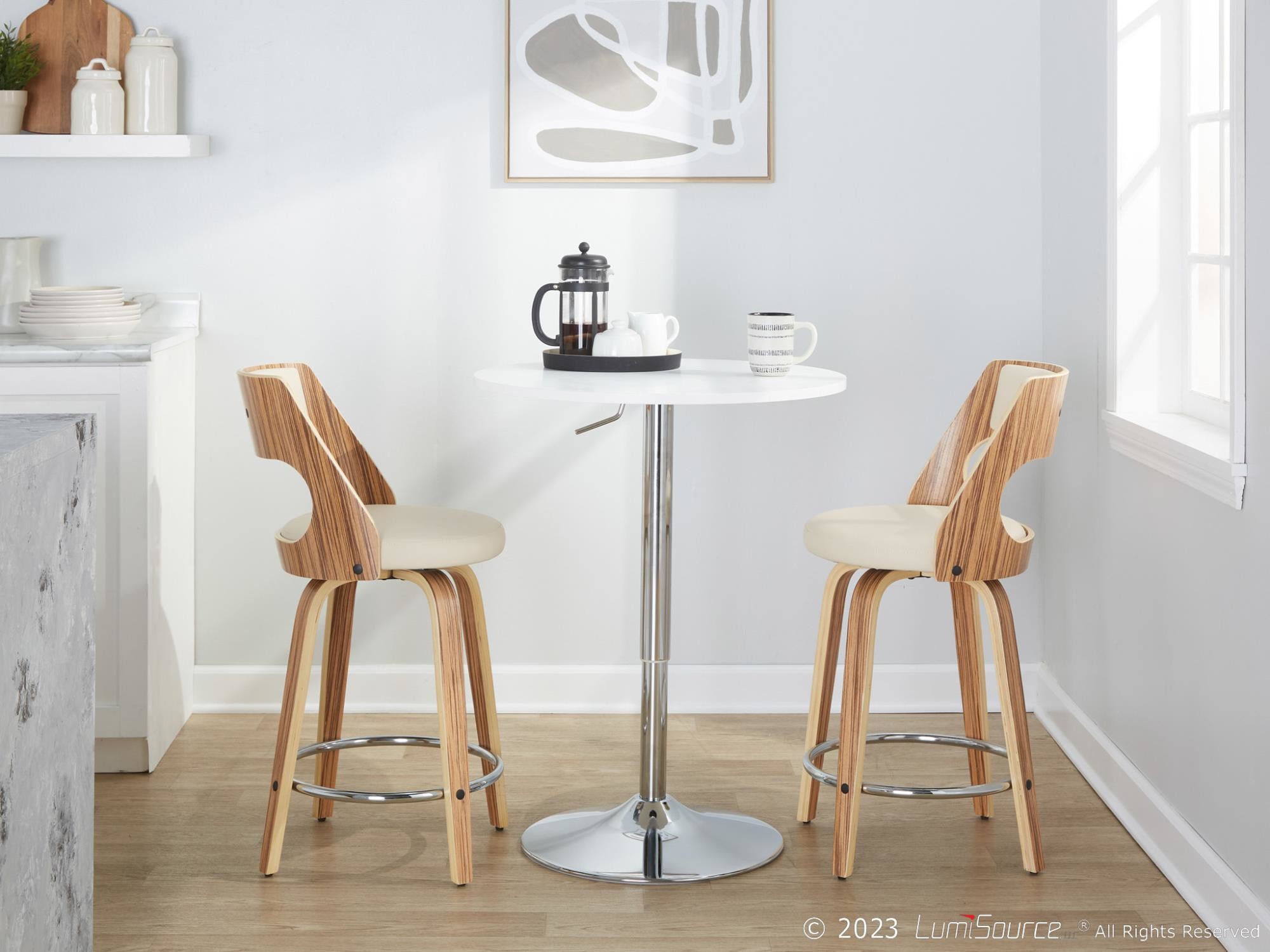 Cecina 24 Zebra Cream Mid-Century Modern Swivel Stools (Set of 2) 4 Cecina 24 Zebra Cream Mid-Century Modern Swivel Stools (Set of 2) - Image 4