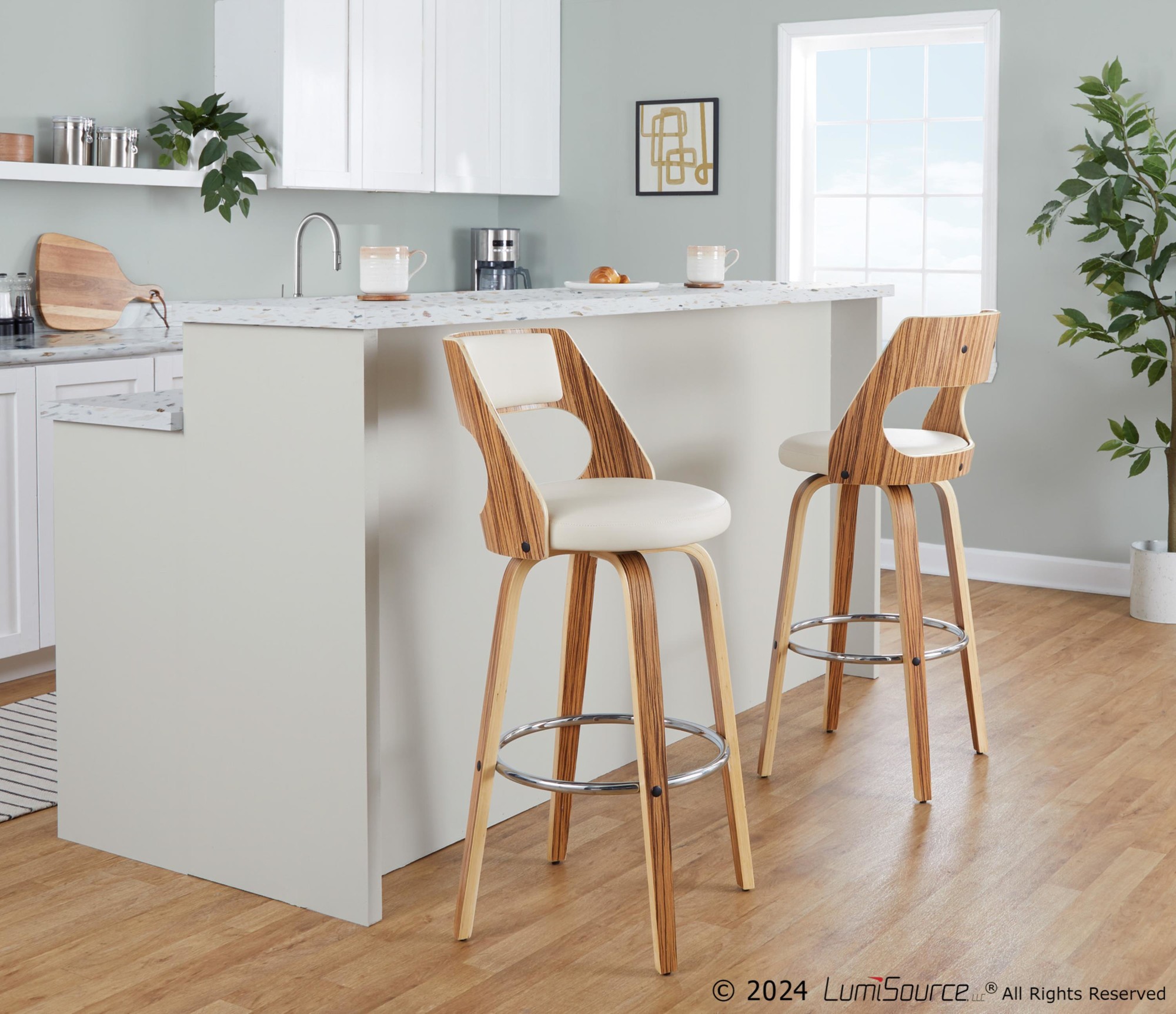 Cecina 30-Inch Zebra Cream Mid-Century Swivel Barstools (Set of 2) 1 Cecina 30-Inch Zebra Cream Mid-Century Swivel Barstools (Set of 2)