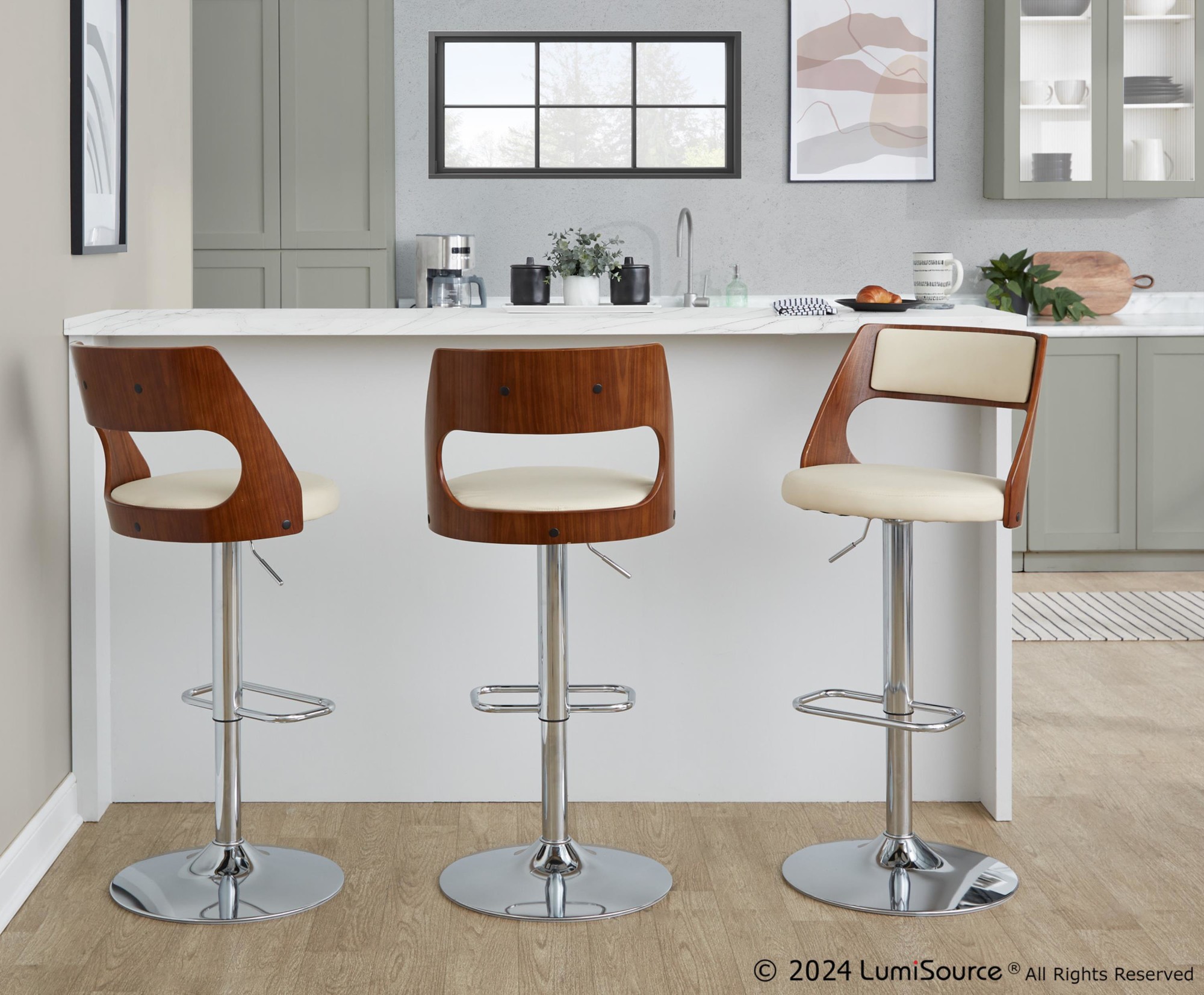 Cecina Cream Mid-Century Modern Adjustable Swivel Barstool (Set of 2) 2 Cecina Cream Mid-Century Modern Adjustable Swivel Barstool (Set of 2) - Image 2