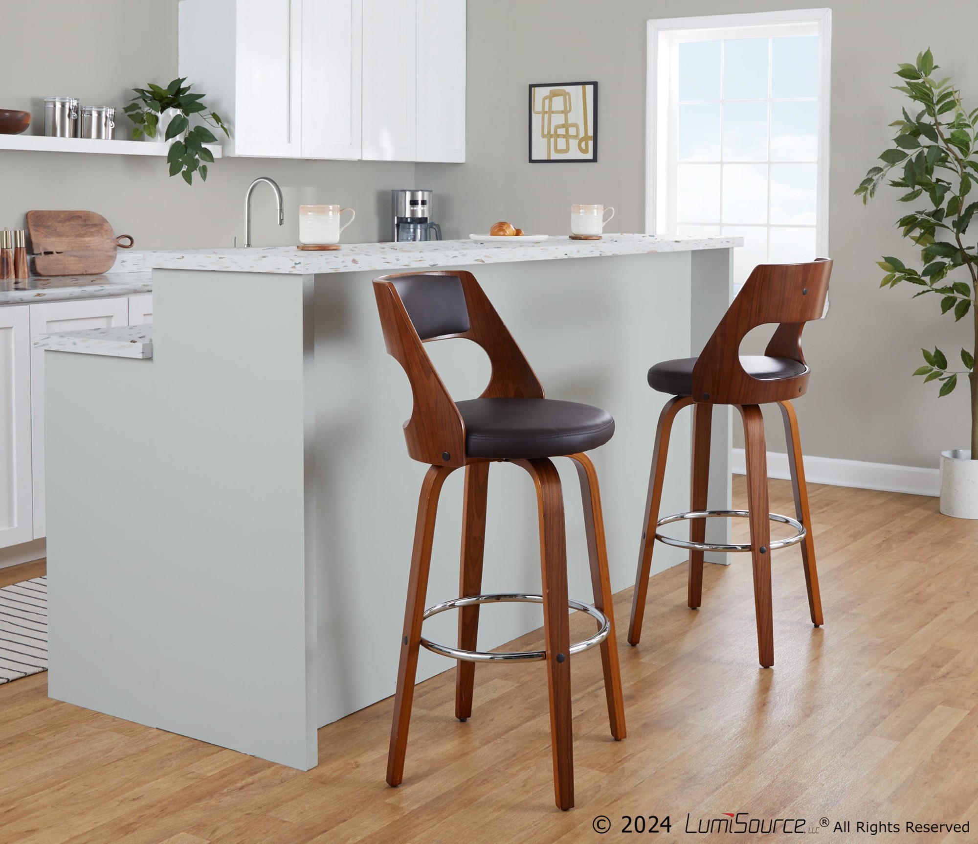 Cecina Mid-Century Modern Brown Swivel Barstool Walnut (Set of 2) 2 Cecina Mid-Century Modern Brown Swivel Barstool Walnut (Set of 2) - Image 2