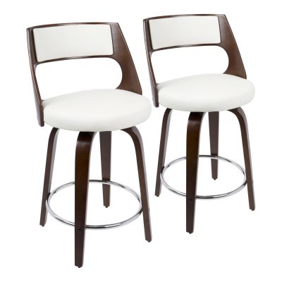 Cecina Mid-Century Modern Mahogany Counter Stool, White Faux Leather (Set of 2)