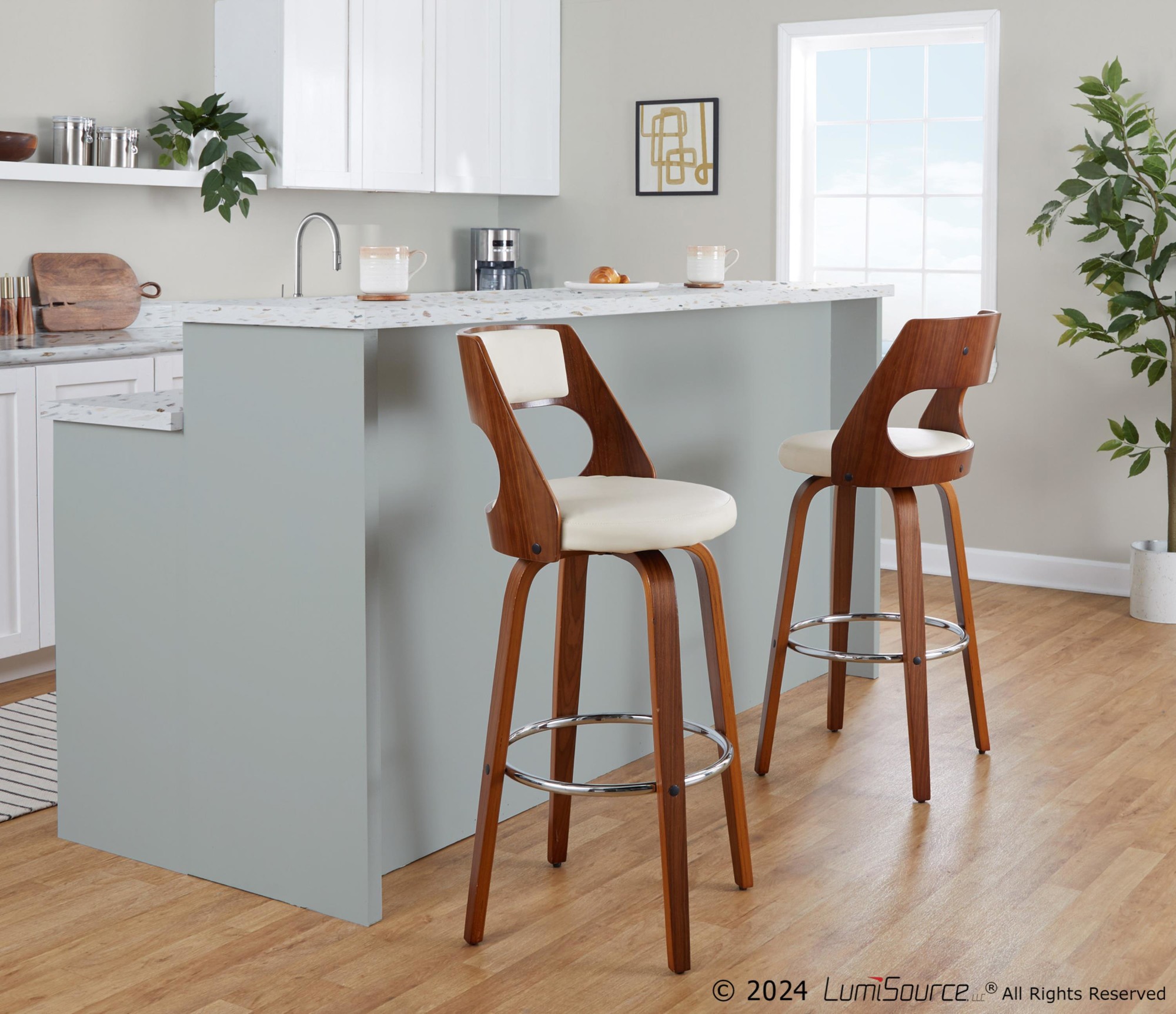 Cecina Mid-Century Walnut and Cream Swivel Barstools (Set of 2) 2 Cecina Mid-Century Walnut and Cream Swivel Barstools (Set of 2) - Image 2