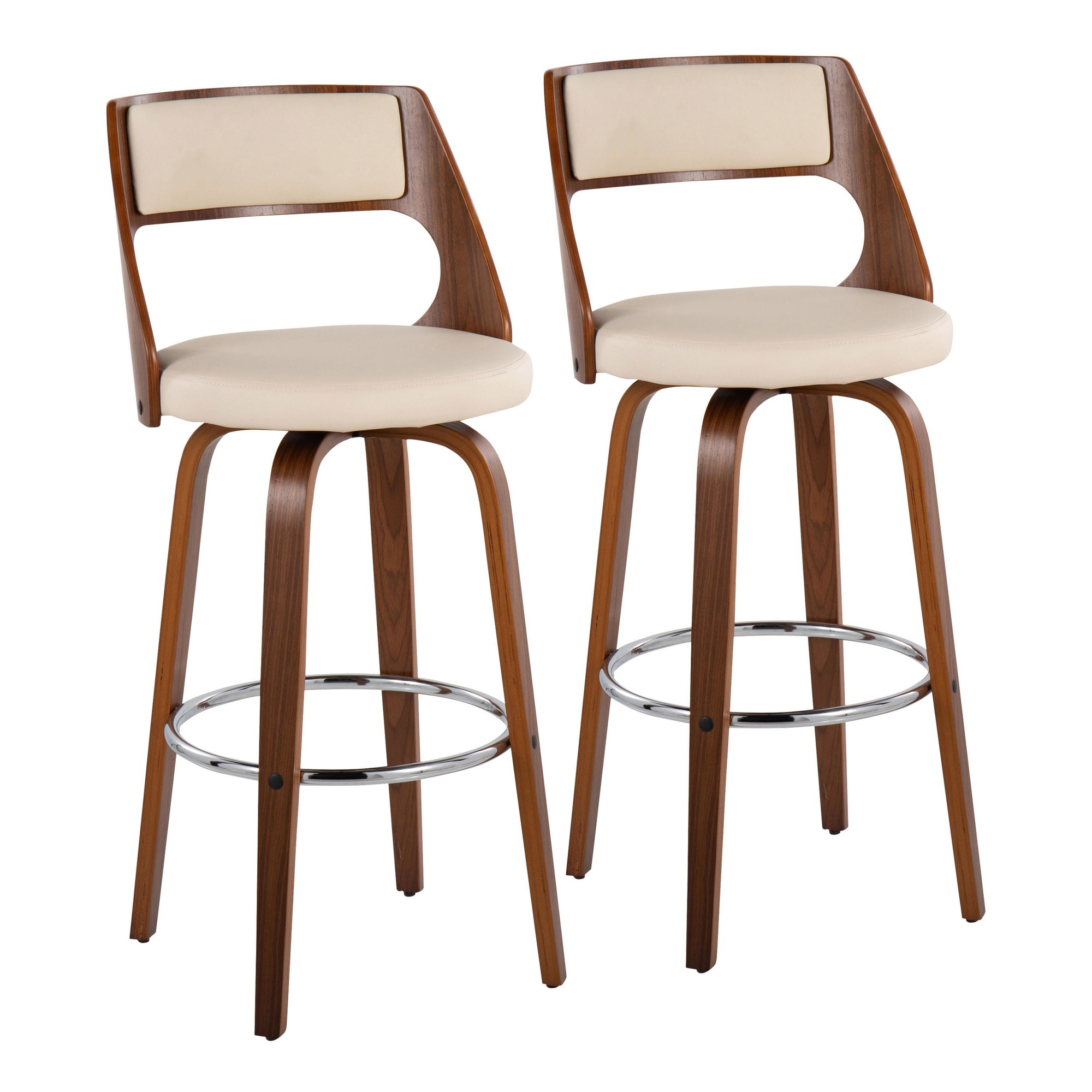 Cecina Mid-Century Walnut and Cream Swivel Barstools (Set of 2) 3 Cecina Mid-Century Walnut and Cream Swivel Barstools (Set of 2) - Image 3